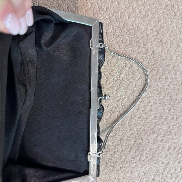 VTG Black Convertible Clutch Bag Metal Kissing Clasp & Strap Ruffle Faux Leather - Picture 7 of 12